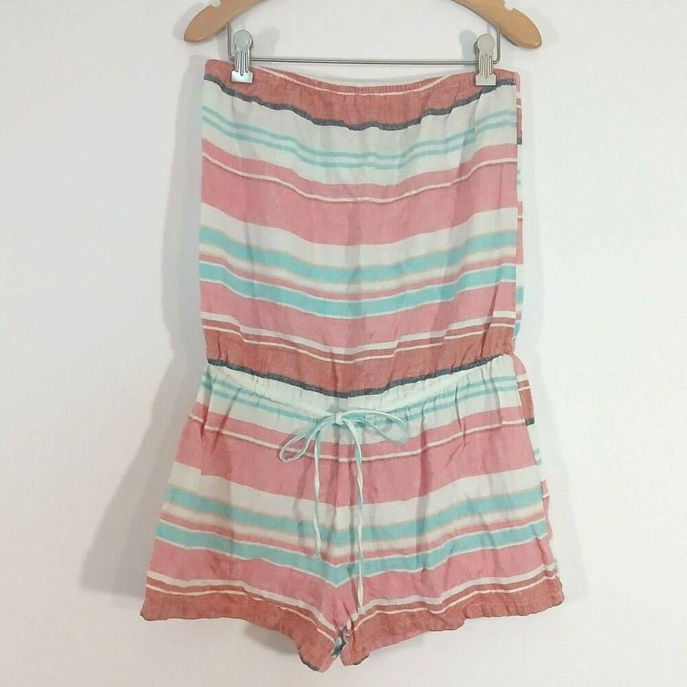 Old Navy Striped Strapless Linen Blend Romper Size Small S Tie Waist Summer